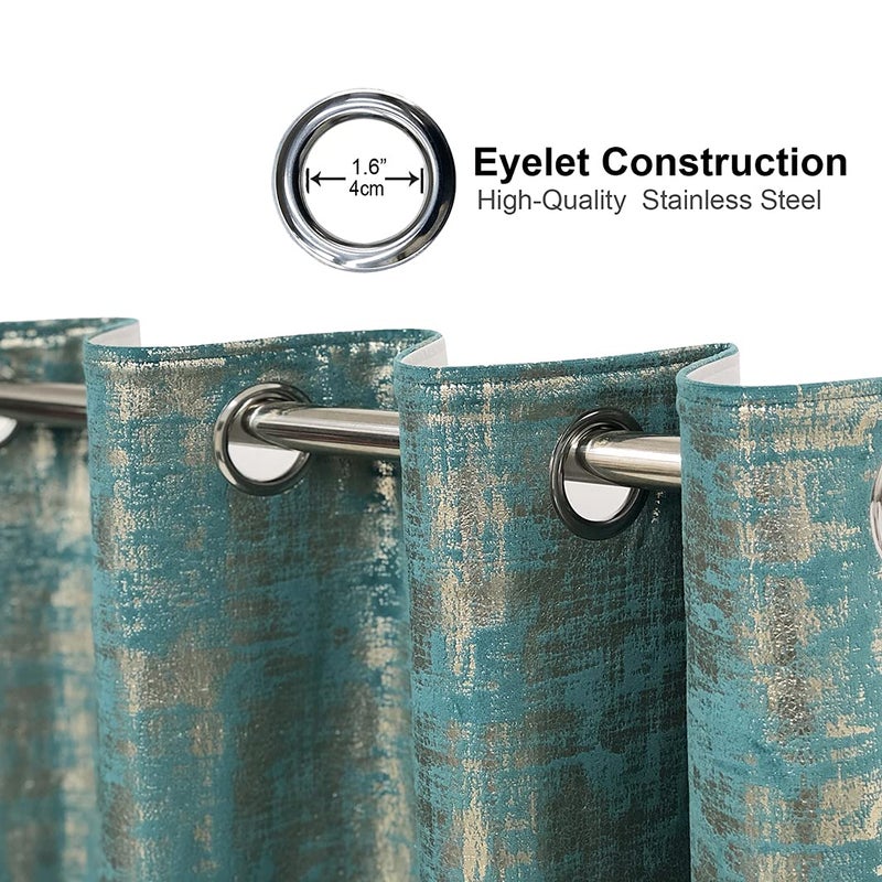 always4u 100% Blackout Soft Velvet Curtains for Bedroom Living Room Thermal Energy Saving 108 Inches Long Luxury Gold Foil Print Drapes 2 Panels Teal - Image 5